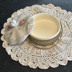 Vintage Floral Ceramic Dish with Gold Accents